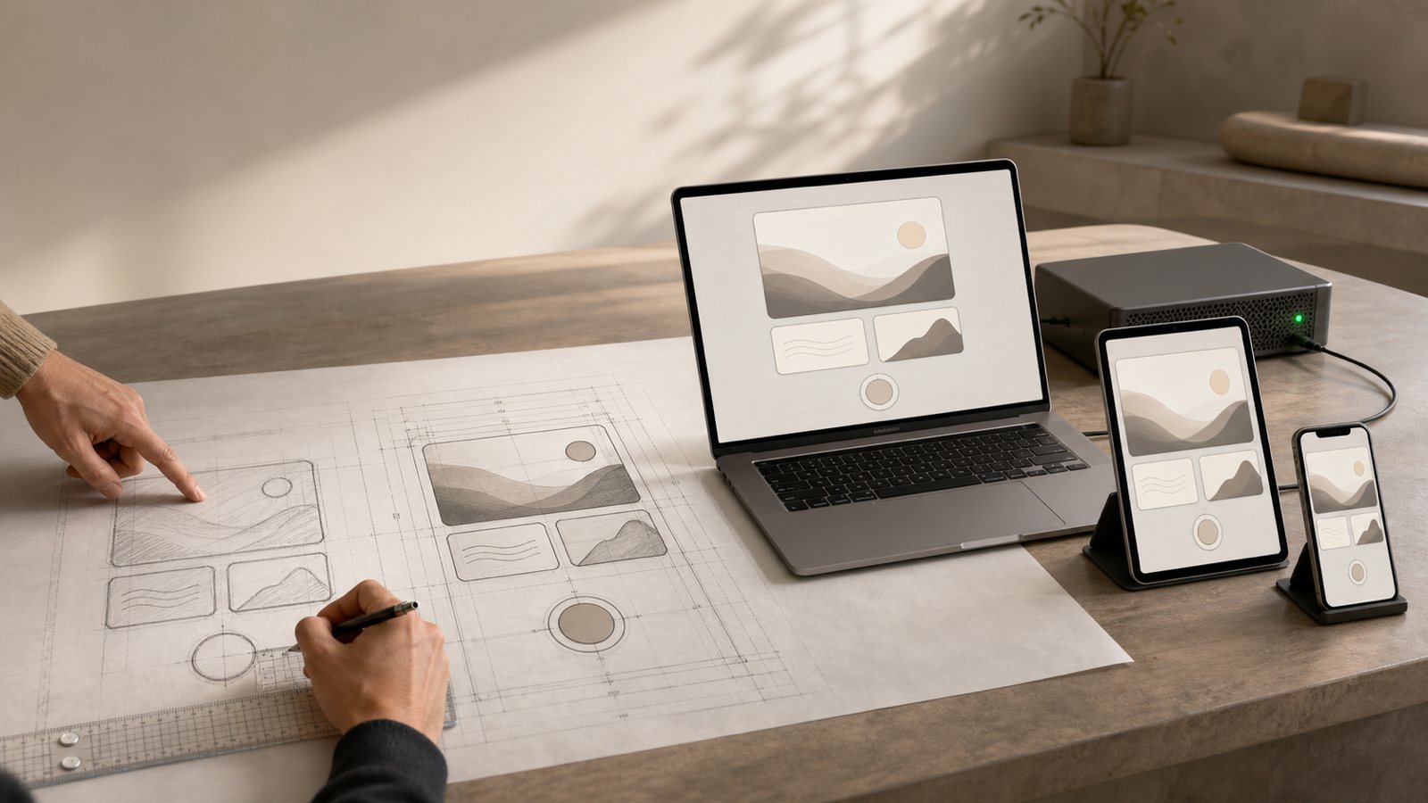 A designer refining a layout on paper beside the finished interface running on a laptop, tablet, and phone