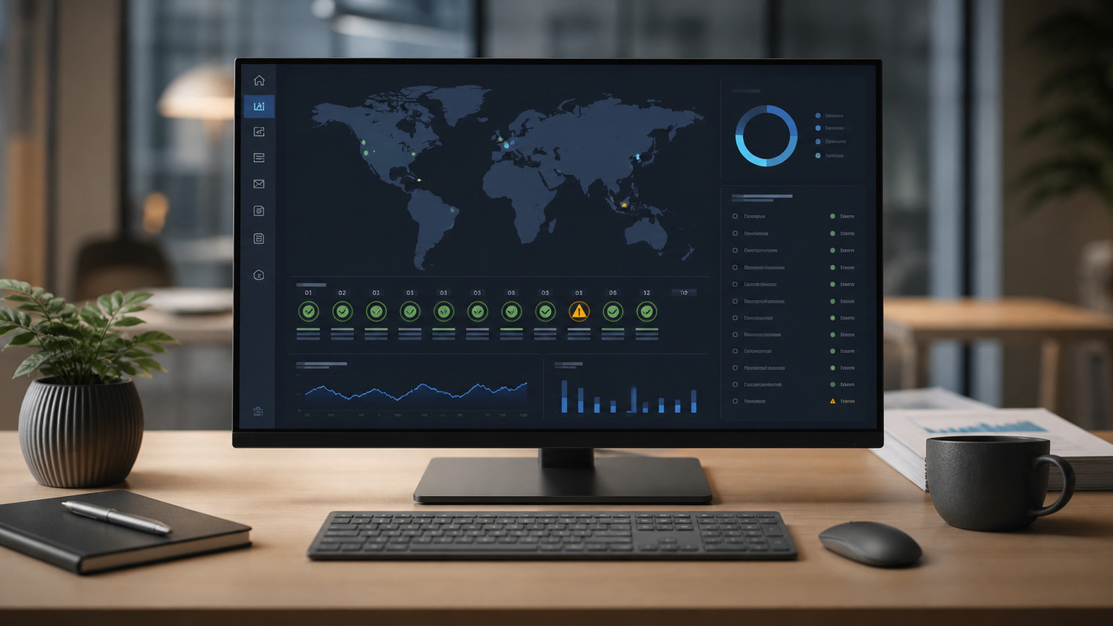Trader desk lit with financial charts and compliance data